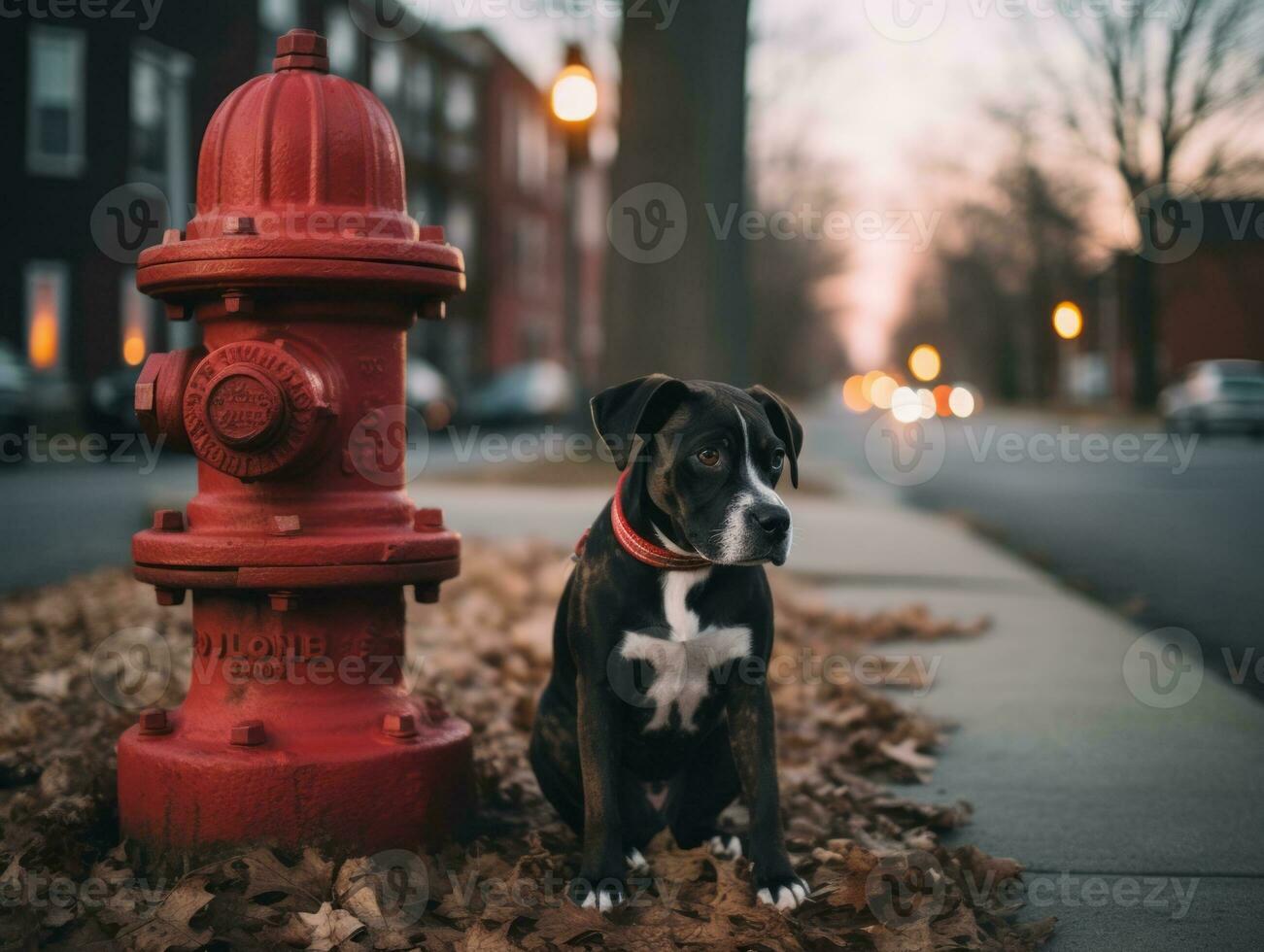 Cute puppy sitting by a fire hydrant AI Generative photo
