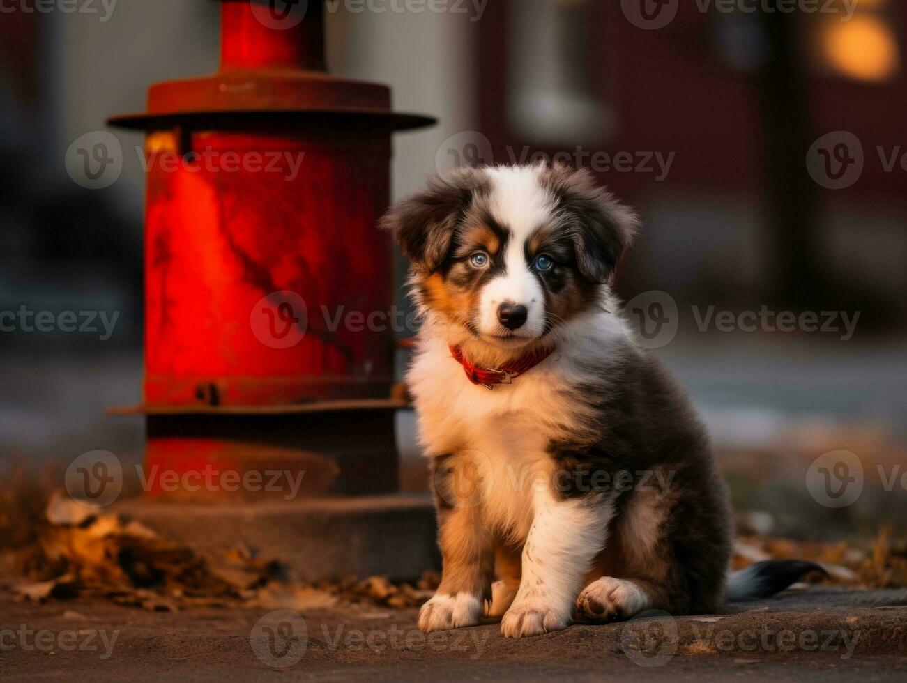 Cute puppy sitting by a fire hydrant AI Generative photo