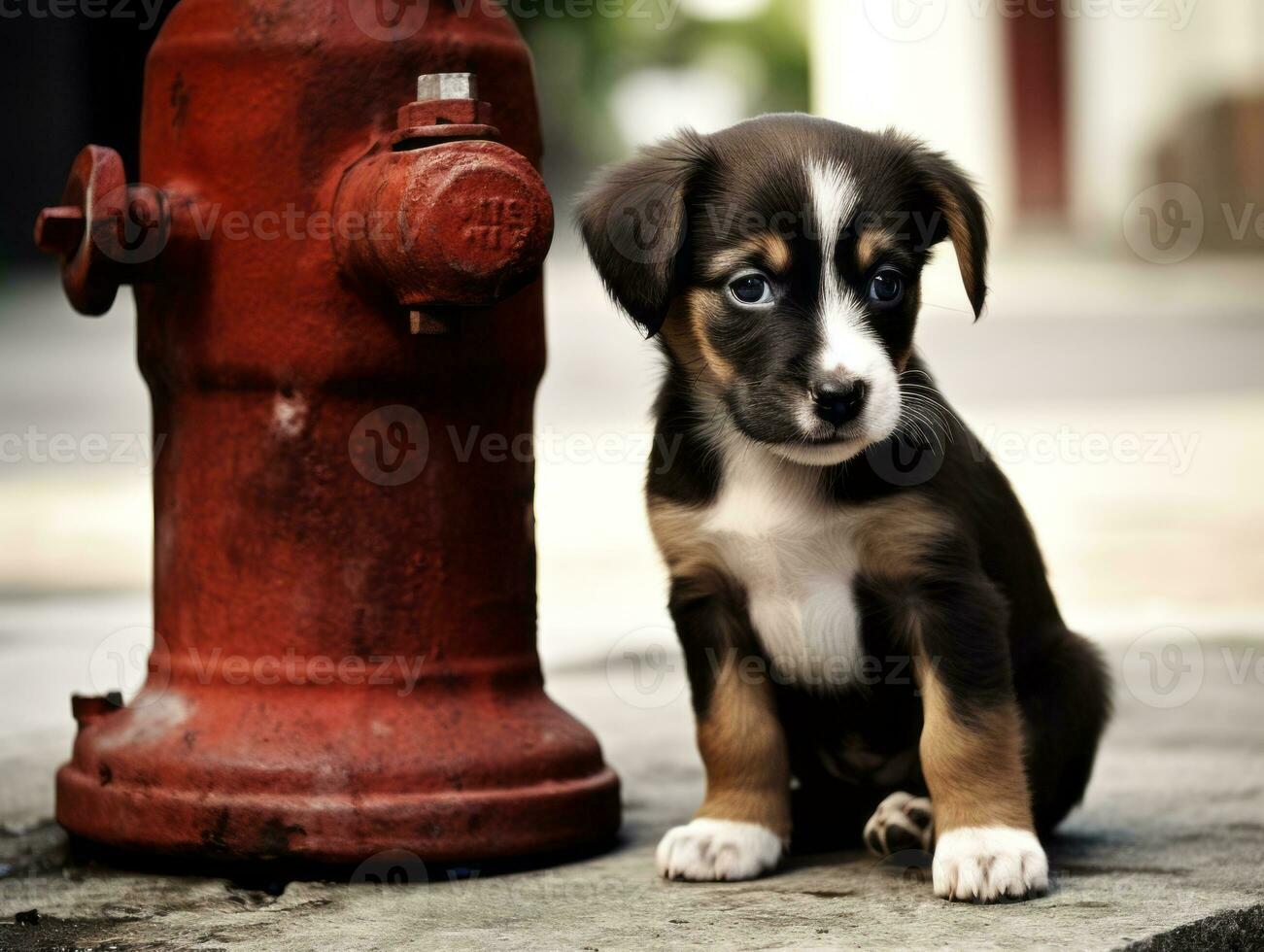 Cute puppy sitting by a fire hydrant AI Generative photo