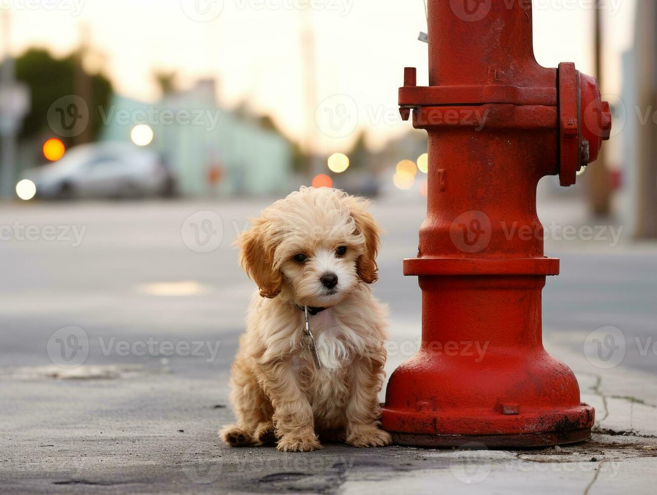 Cute puppy sitting by a fire hydrant AI Generative photo