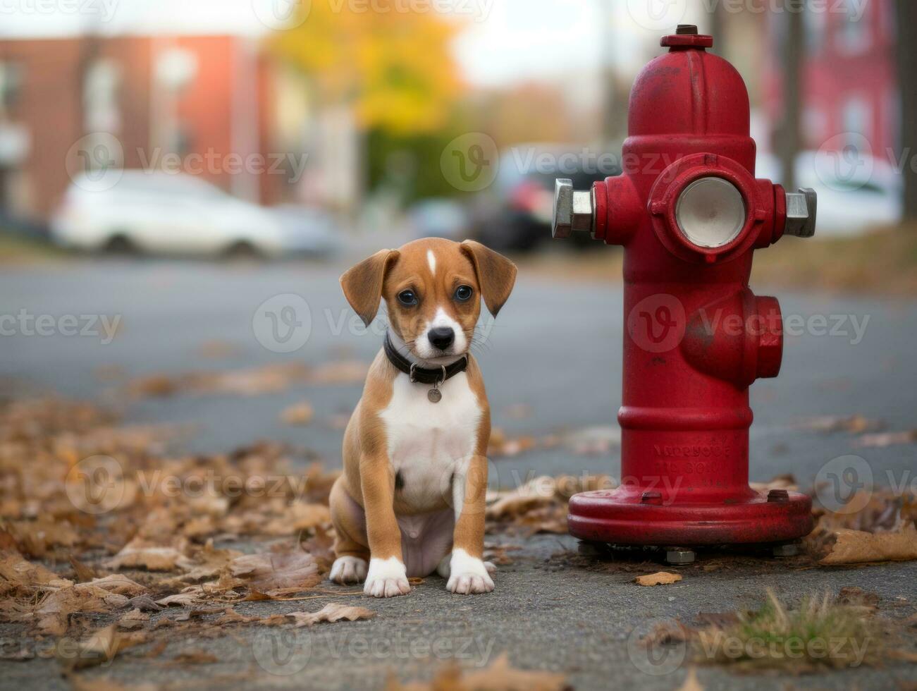 Cute puppy sitting by a fire hydrant AI Generative photo