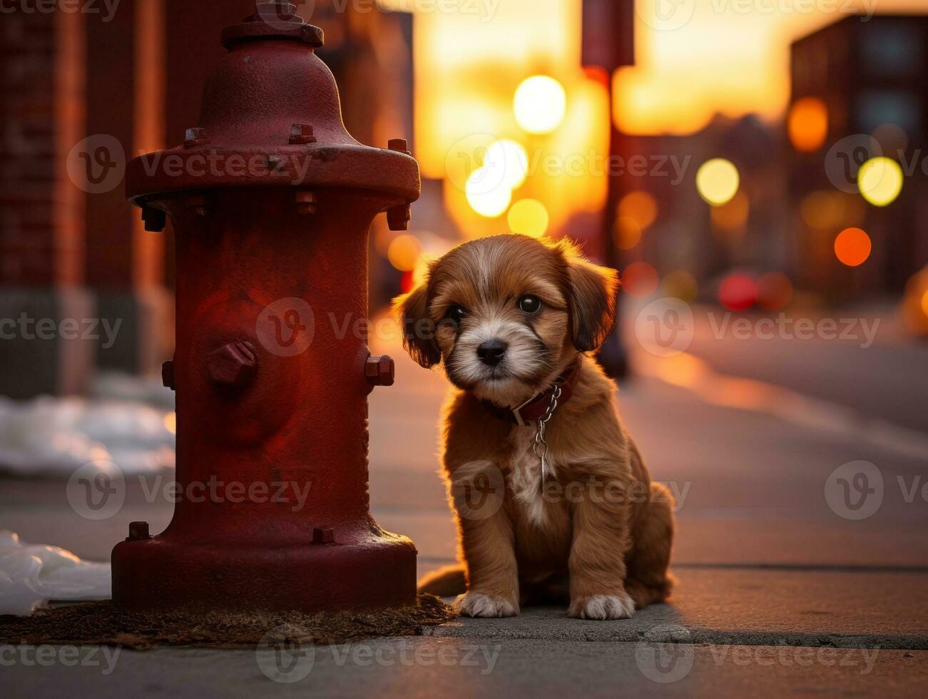 Cute puppy sitting by a fire hydrant AI Generative photo