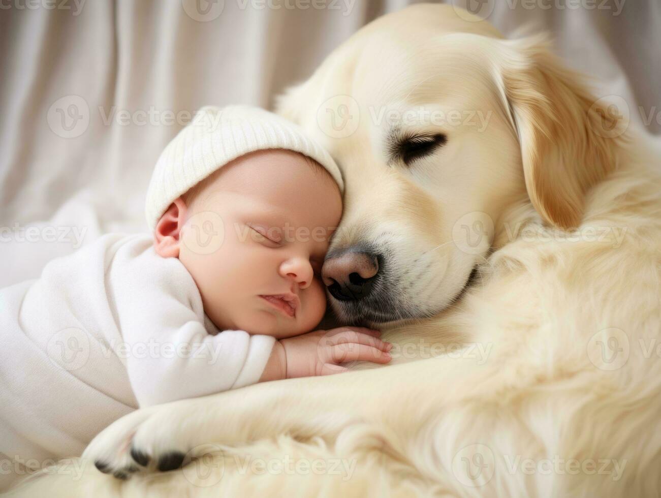 Loving dog nuzzling a newborn baby in a crib AI Generative photo