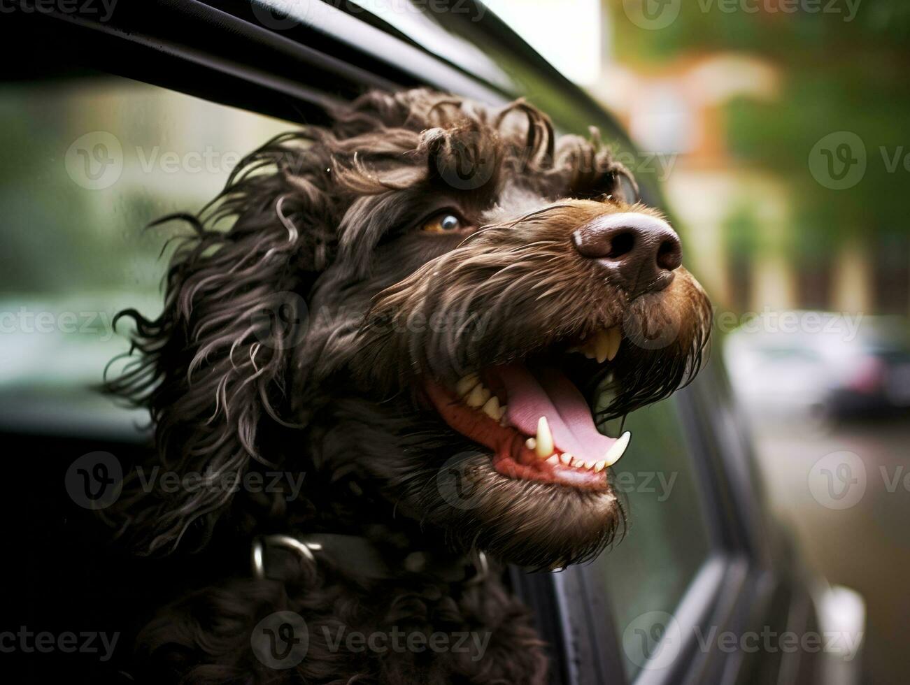 Happy dog riding in a car with its head out the window AI Generative photo