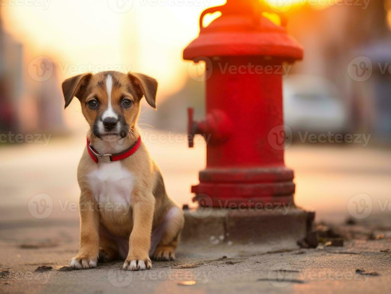 Cute puppy sitting by a fire hydrant AI Generative photo