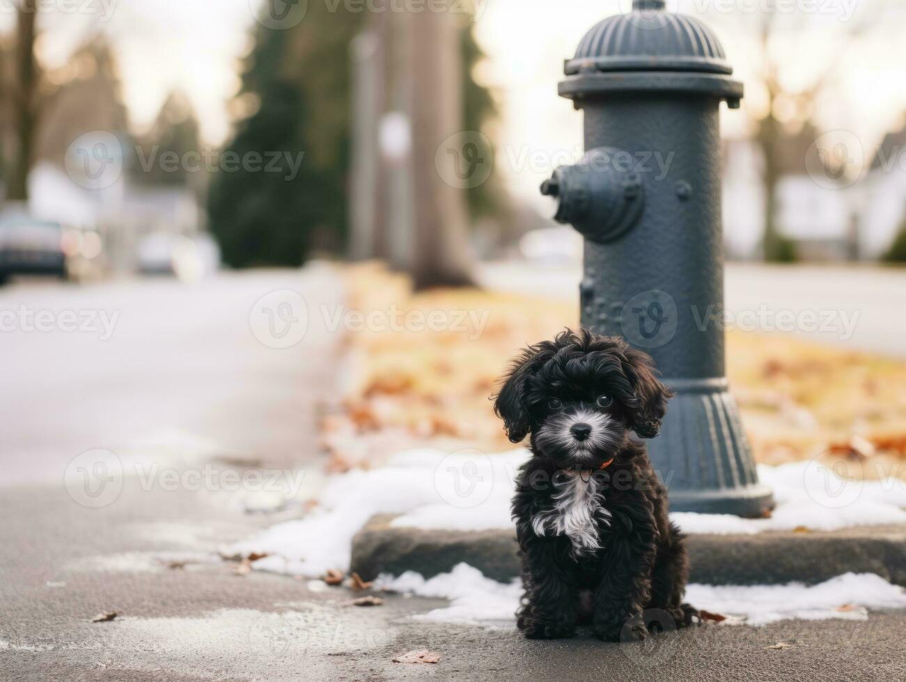 Cute puppy sitting by a fire hydrant AI Generative photo