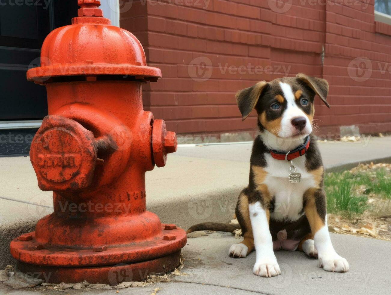 Cute puppy sitting by a fire hydrant AI Generative photo