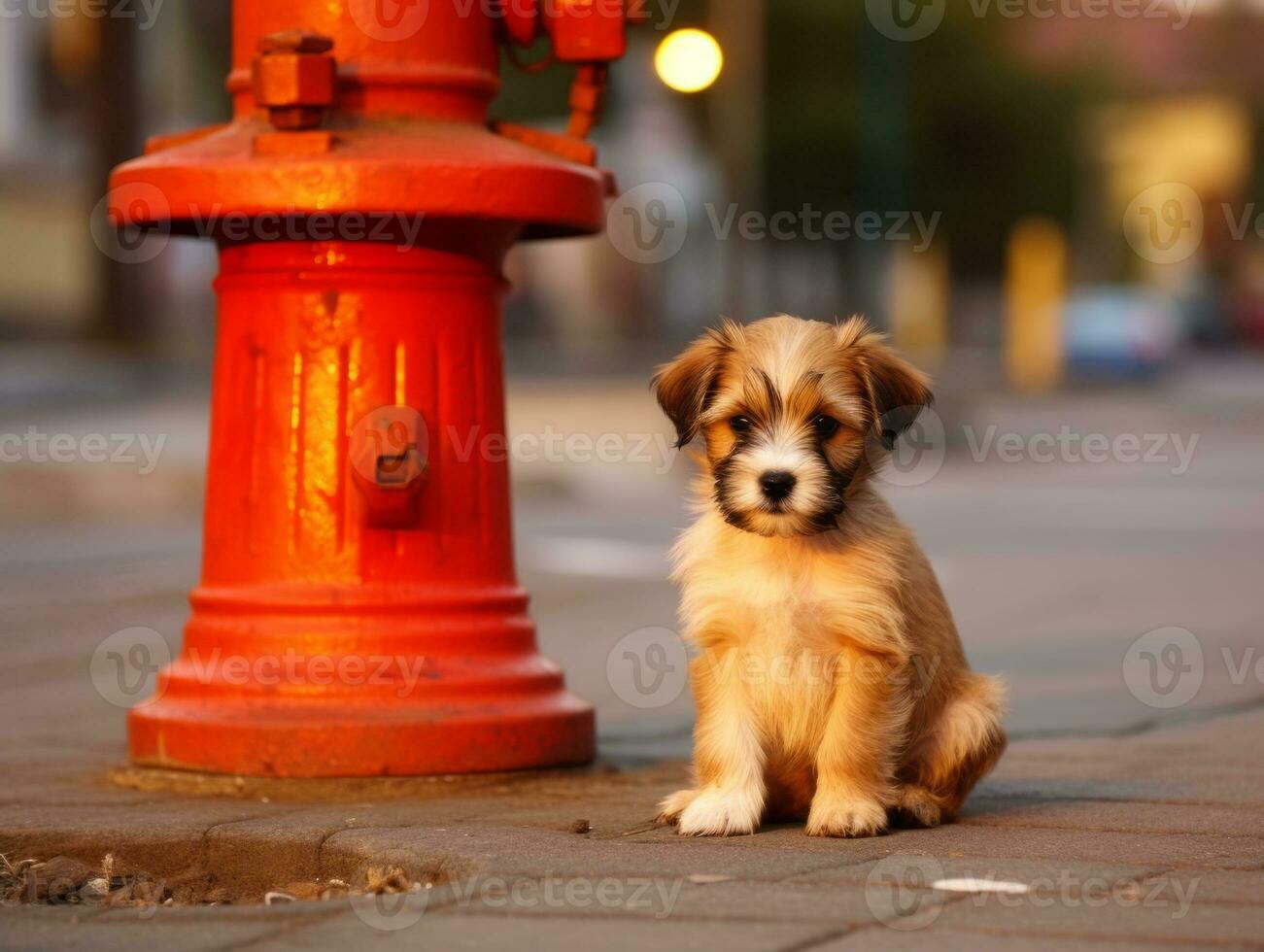 Cute puppy sitting by a fire hydrant AI Generative photo