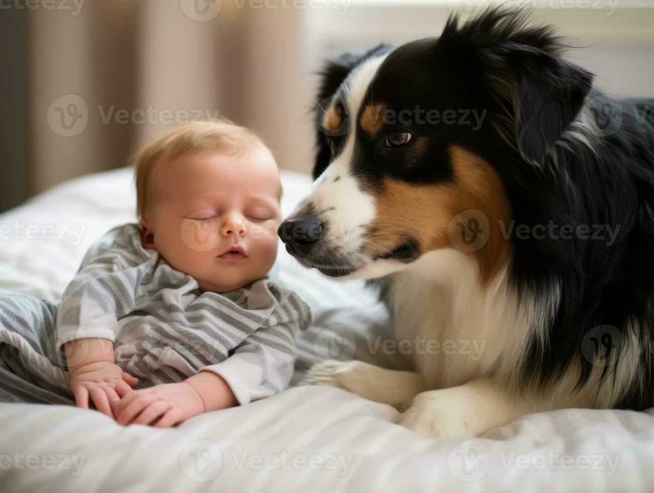 Loving dog nuzzling a newborn baby in a crib AI Generative photo