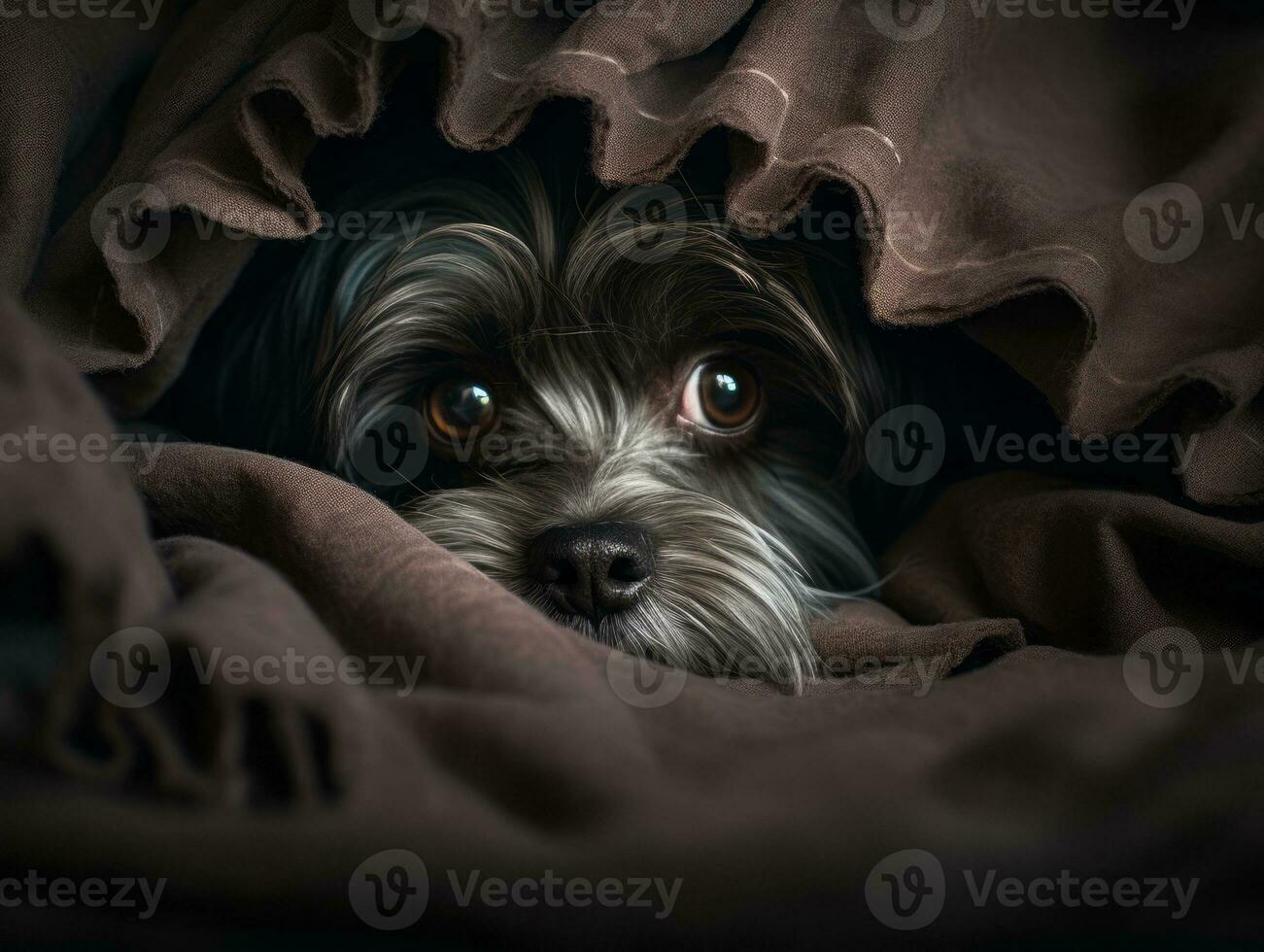 Mischievous dog peeking out from a cozy blanket fort AI Generative photo