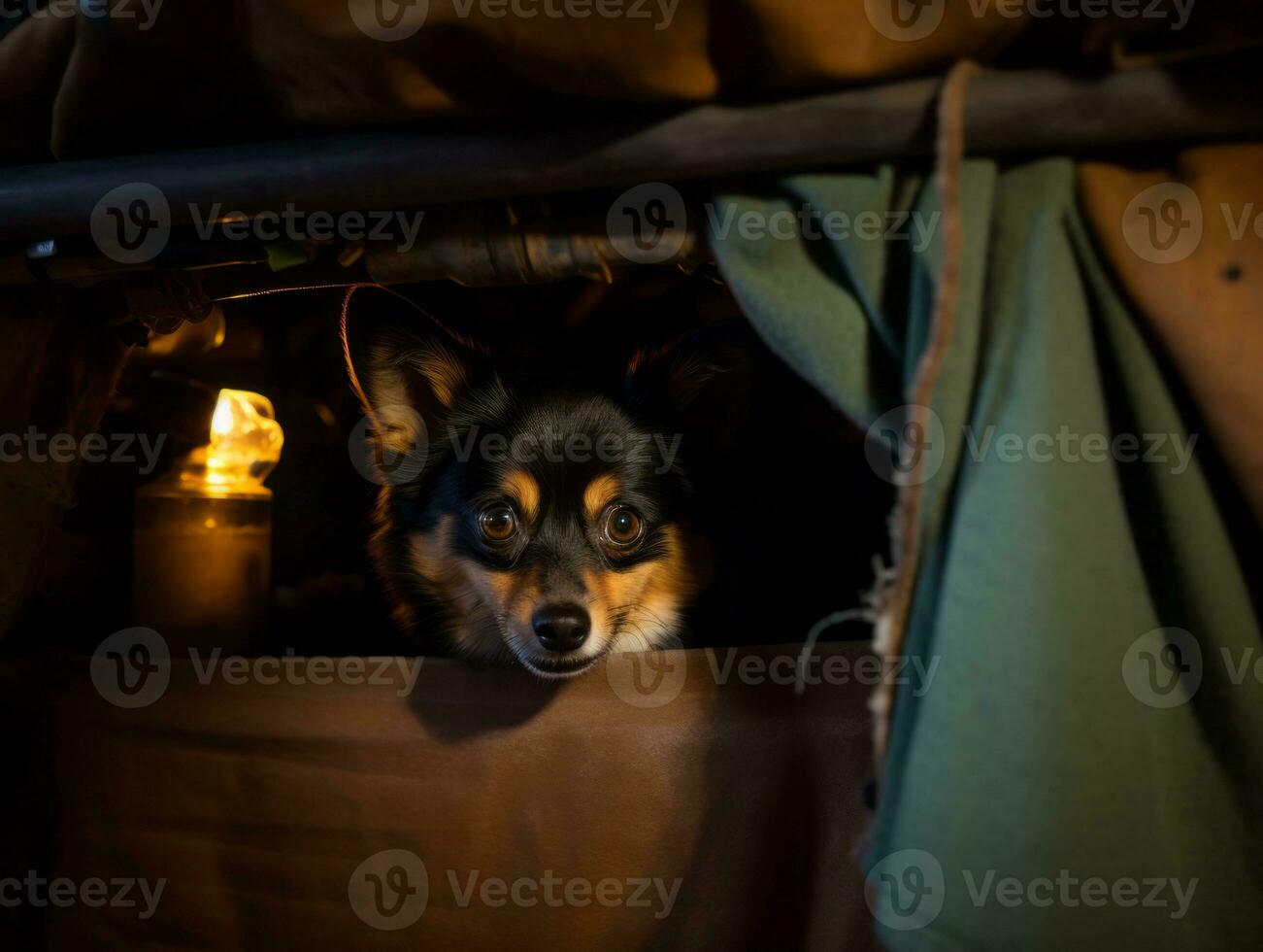 Mischievous dog peeking out from a cozy blanket fort AI Generative photo