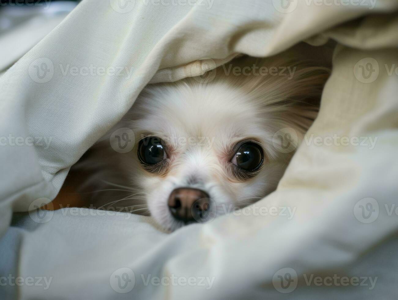 Mischievous dog peeking out from a cozy blanket fort AI Generative photo