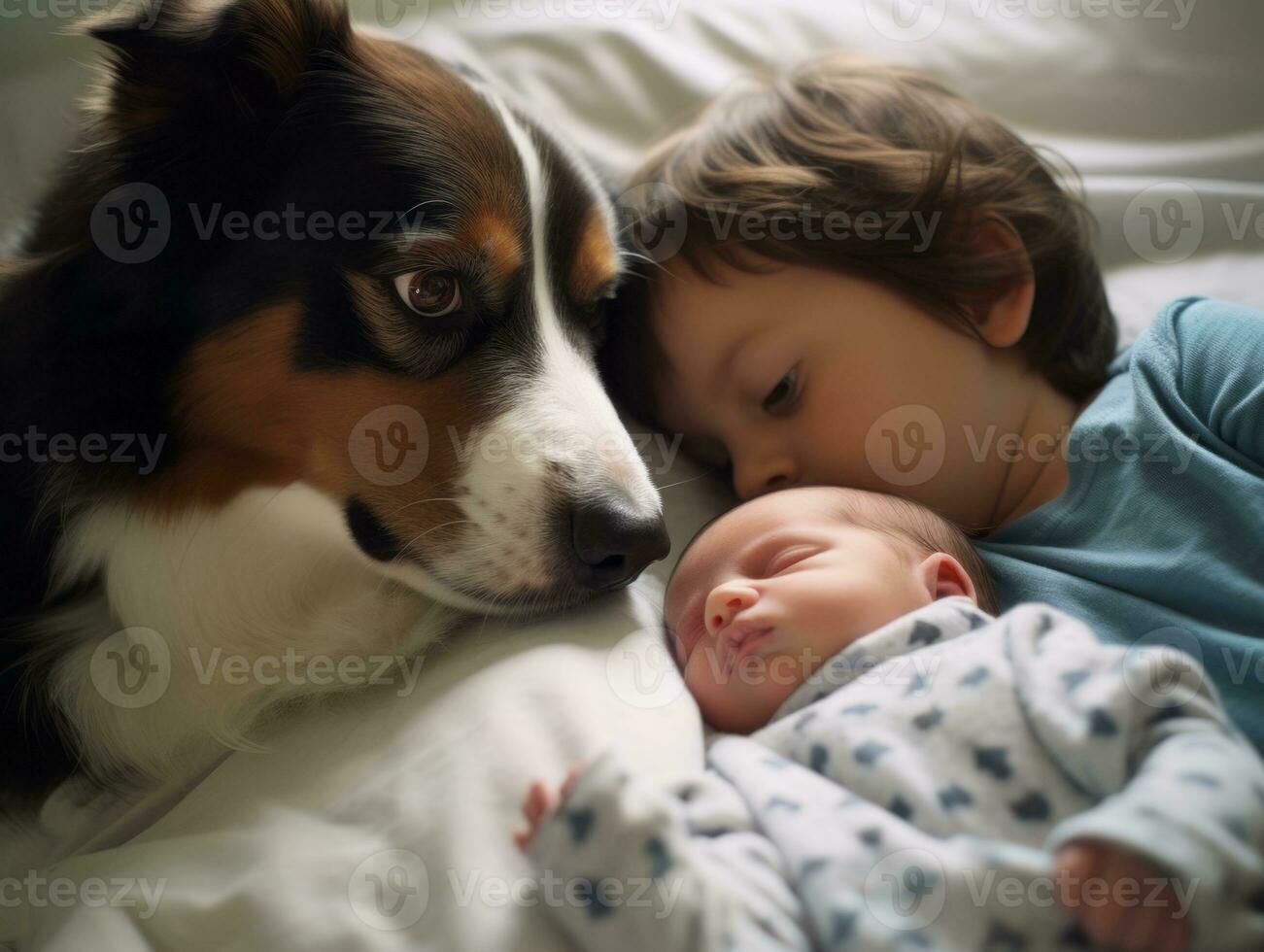 Loving dog nuzzling a newborn baby in a crib AI Generative photo