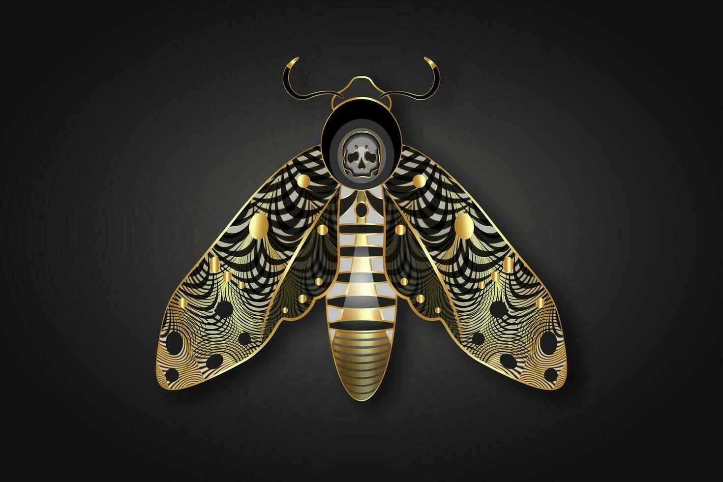 The death's head moth in dark gold colors. Night mystical butterfly with a skull. Golden luxury vector illustration of Acherontia winged insect isolated on black background