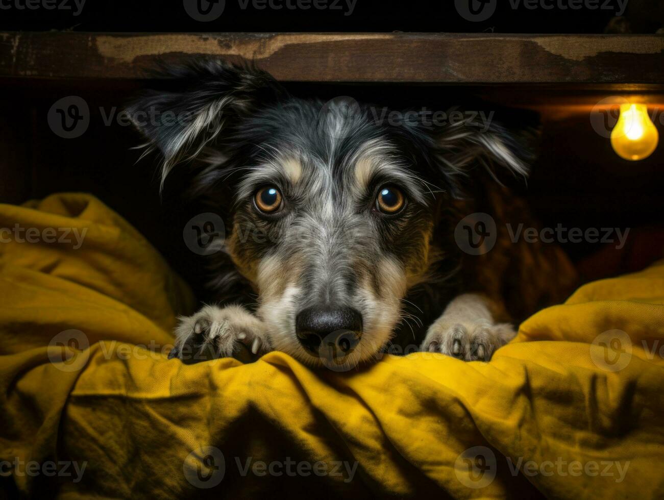 Mischievous dog peeking out from a cozy blanket fort AI Generative photo