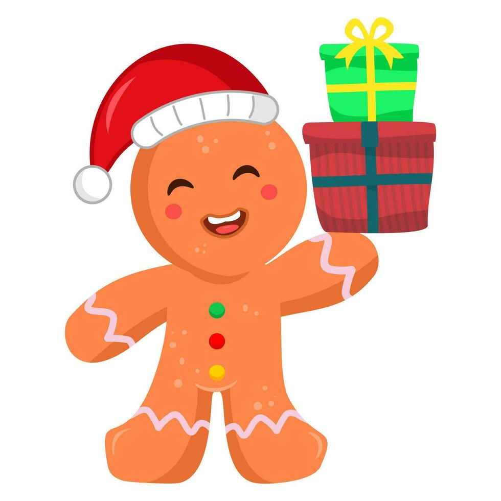 linda pan de jengibre hombre trayendo Navidad regalos vector