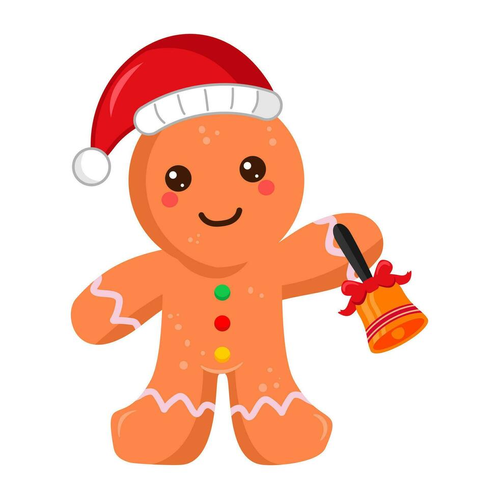Cute christmas gingerbread man cartoon character ringing a bell vector