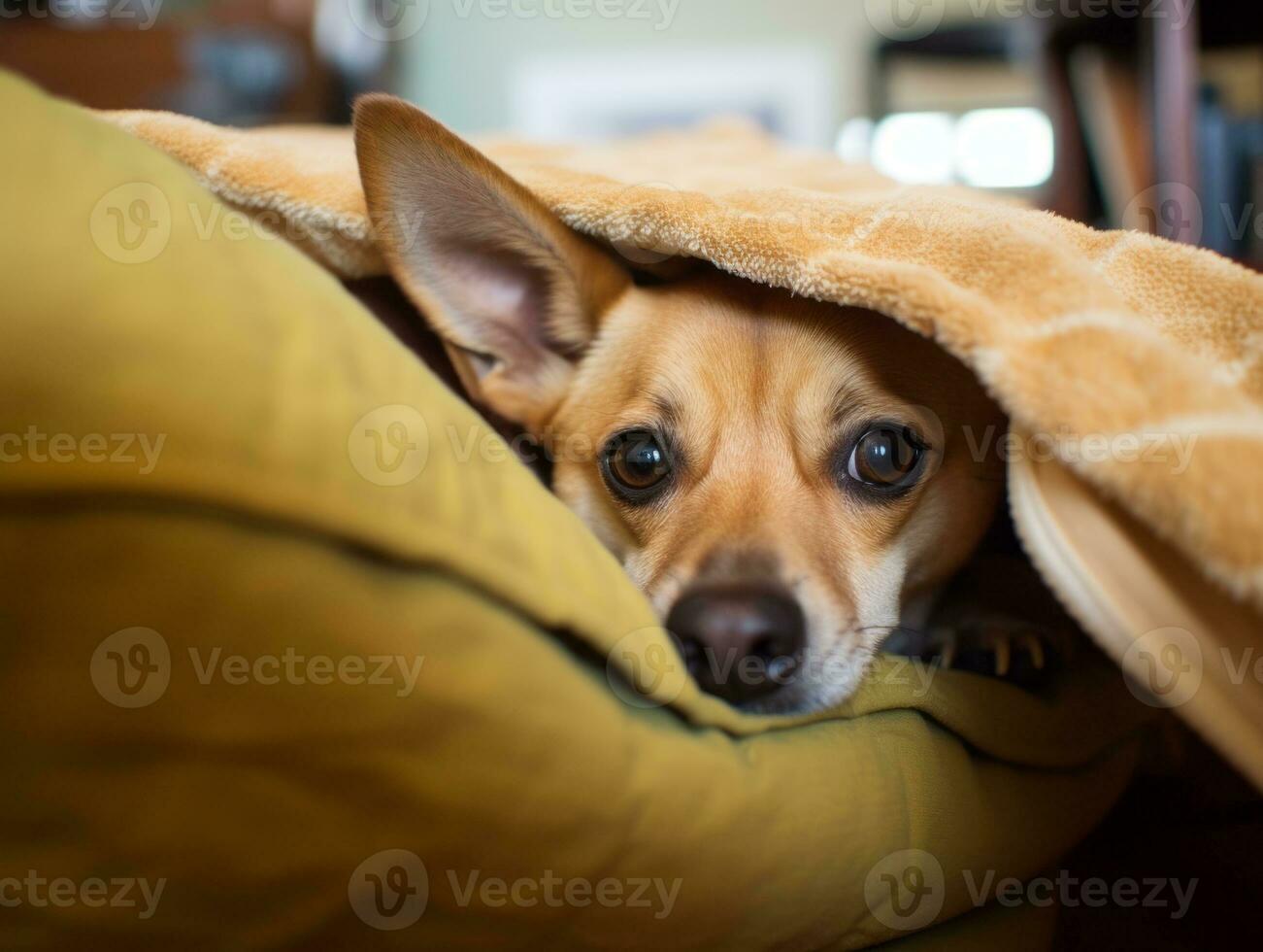 Mischievous dog peeking out from a cozy blanket fort AI Generative photo
