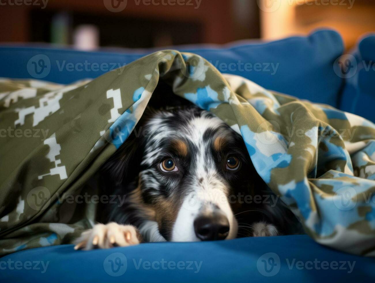 Mischievous dog peeking out from a cozy blanket fort AI Generative photo