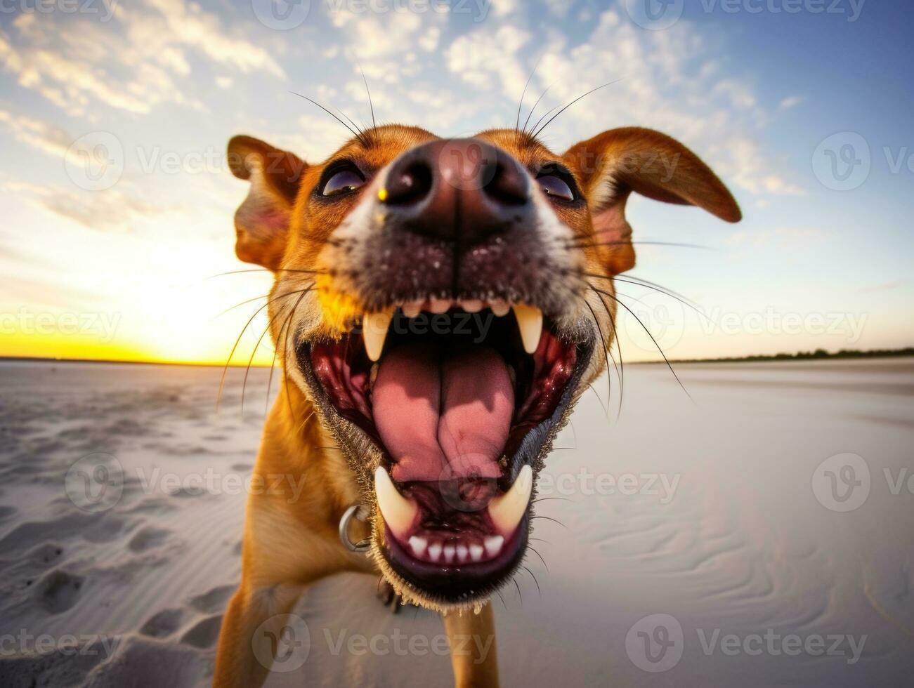 Happy dog playing on the beach AI Generative photo