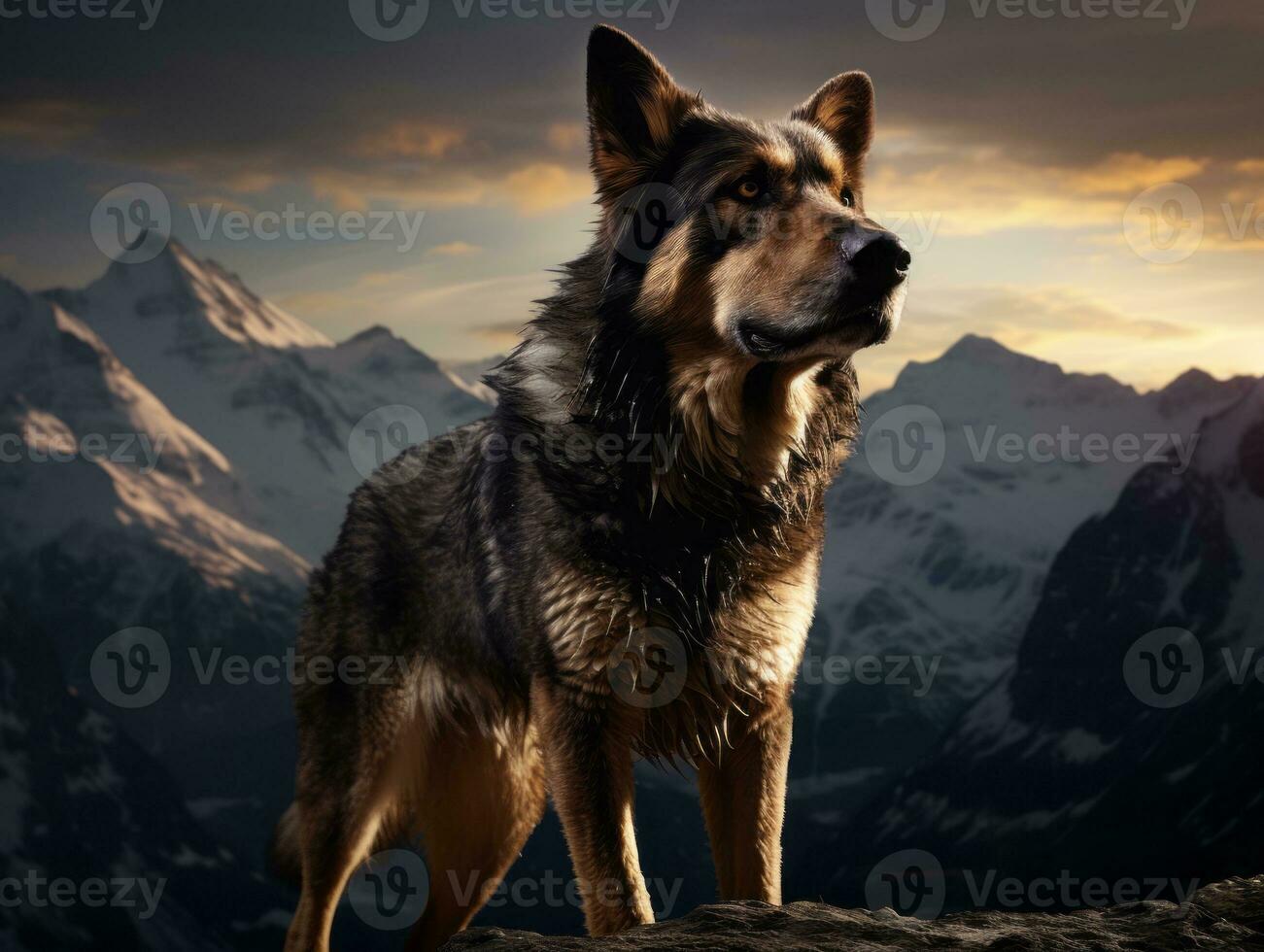 Majestic dog standing proudly on a mountain peak AI Generative photo