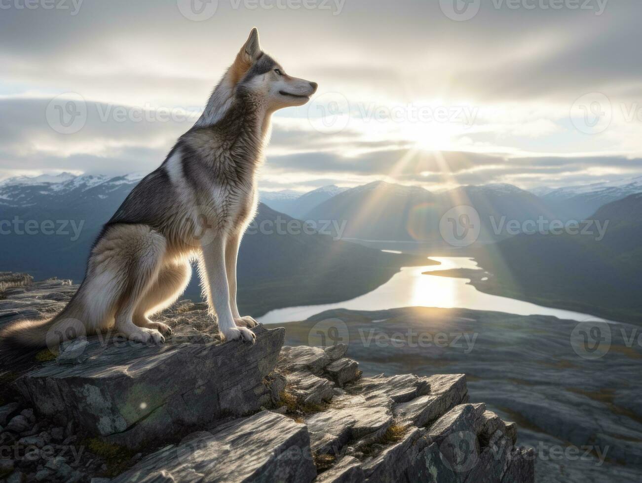 Majestic dog standing proudly on a mountain peak AI Generative photo