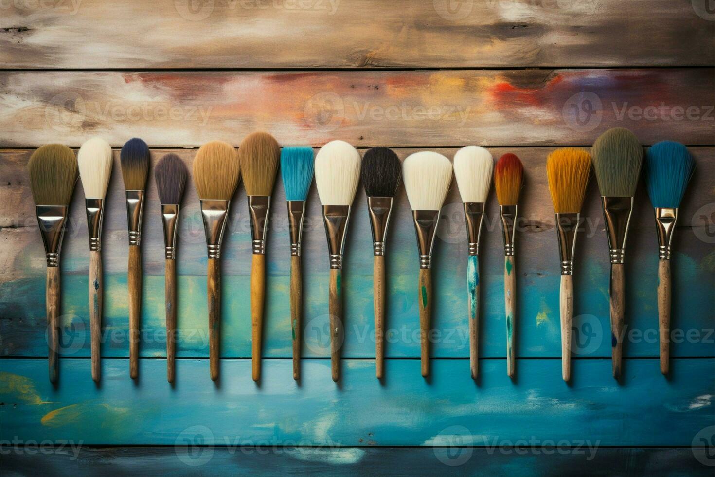 Tranquil preparation for art Watercolor brushes on textured wooden backdrop AI Generated photo