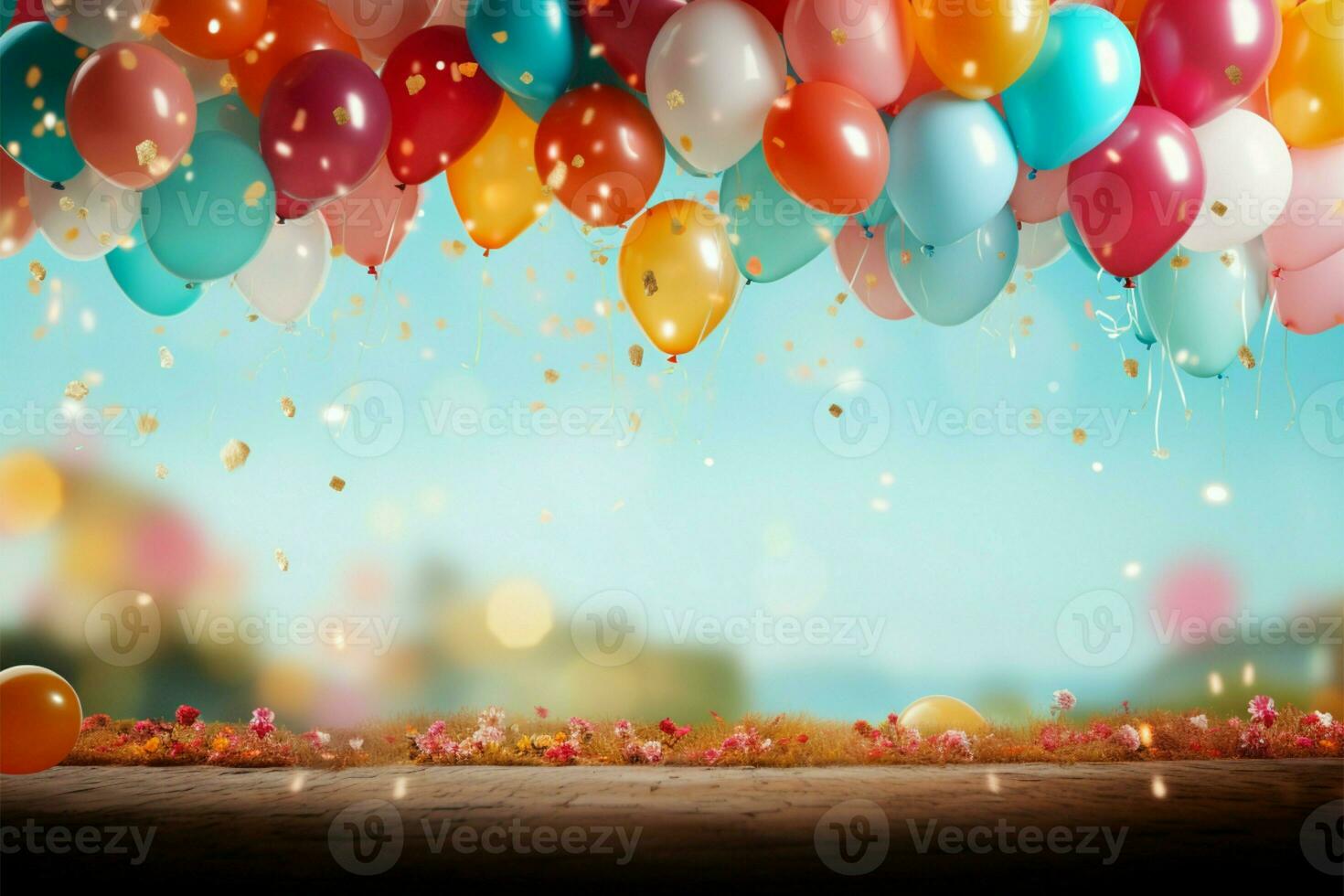 Vibrant balloons and textured confetti backdrop create a joyful display AI Generated photo