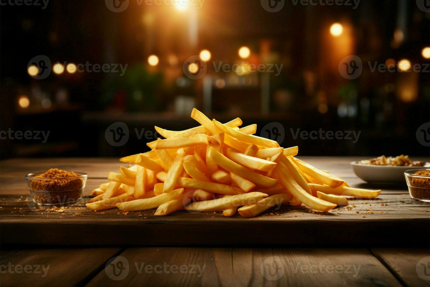 Rustic table adorned with golden crispy French fries, text space AI Generated photo
