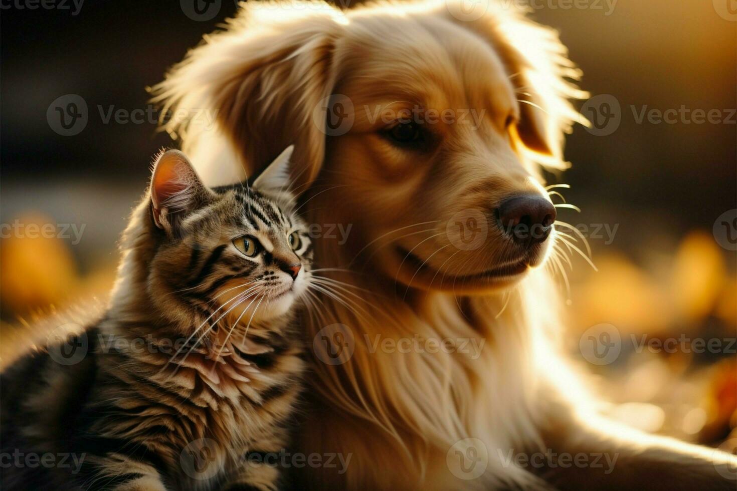 A purebred dog shares a playful moment with a smiling kitten AI Generated photo