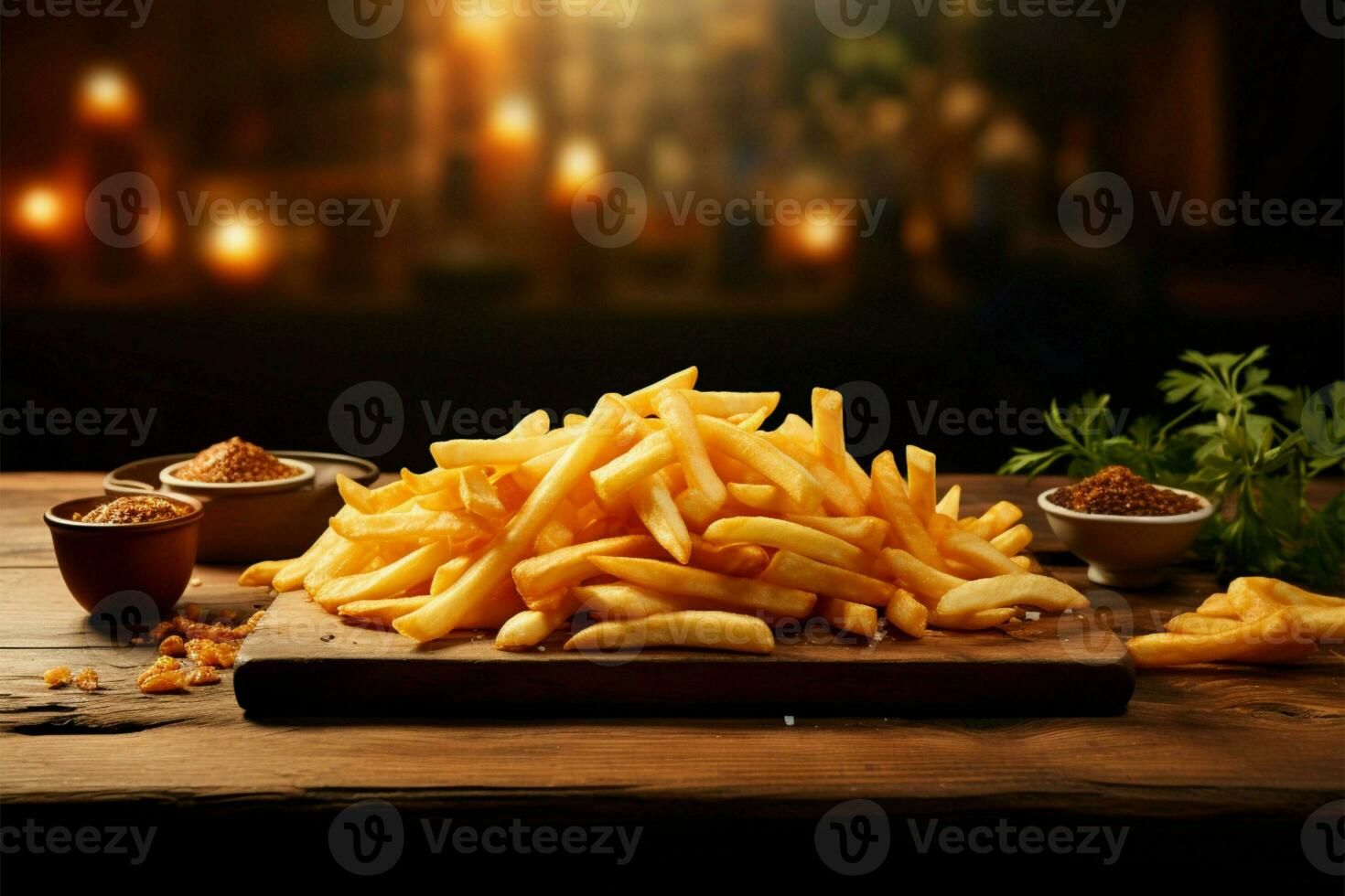 Rustic table adorned with golden crispy French fries, text space AI Generated photo