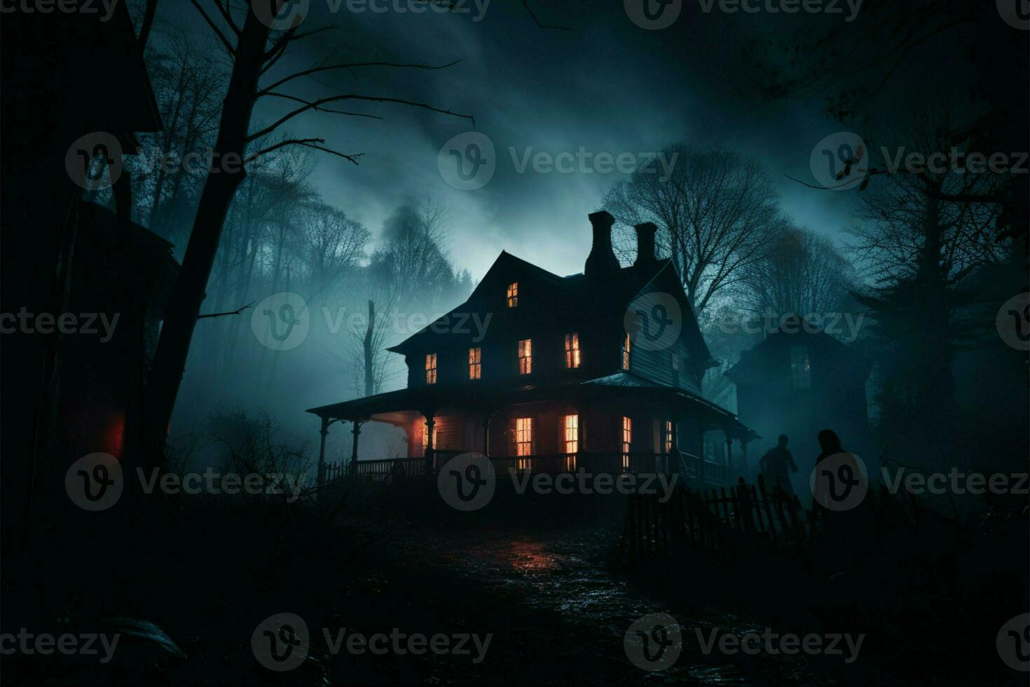 Spooky house, spectral presence, and glowing windows in shadowy silence AI Generated photo