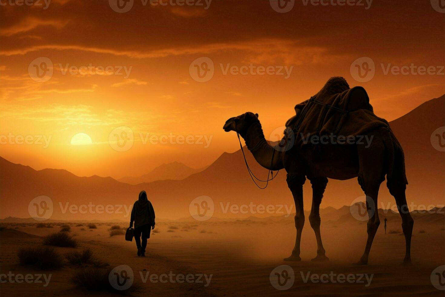 puesta del sol en el desierto, con un tormenta de arena arremolinándose alrededor un camello ai generado foto