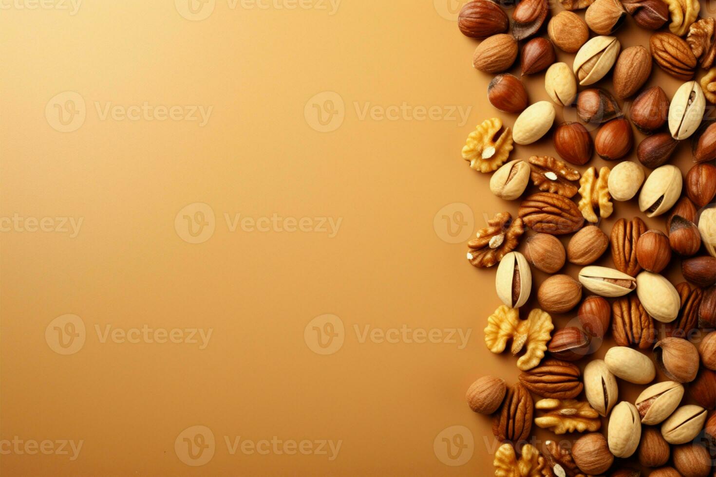 Nuts displayed on a light brown background with text space AI Generated photo