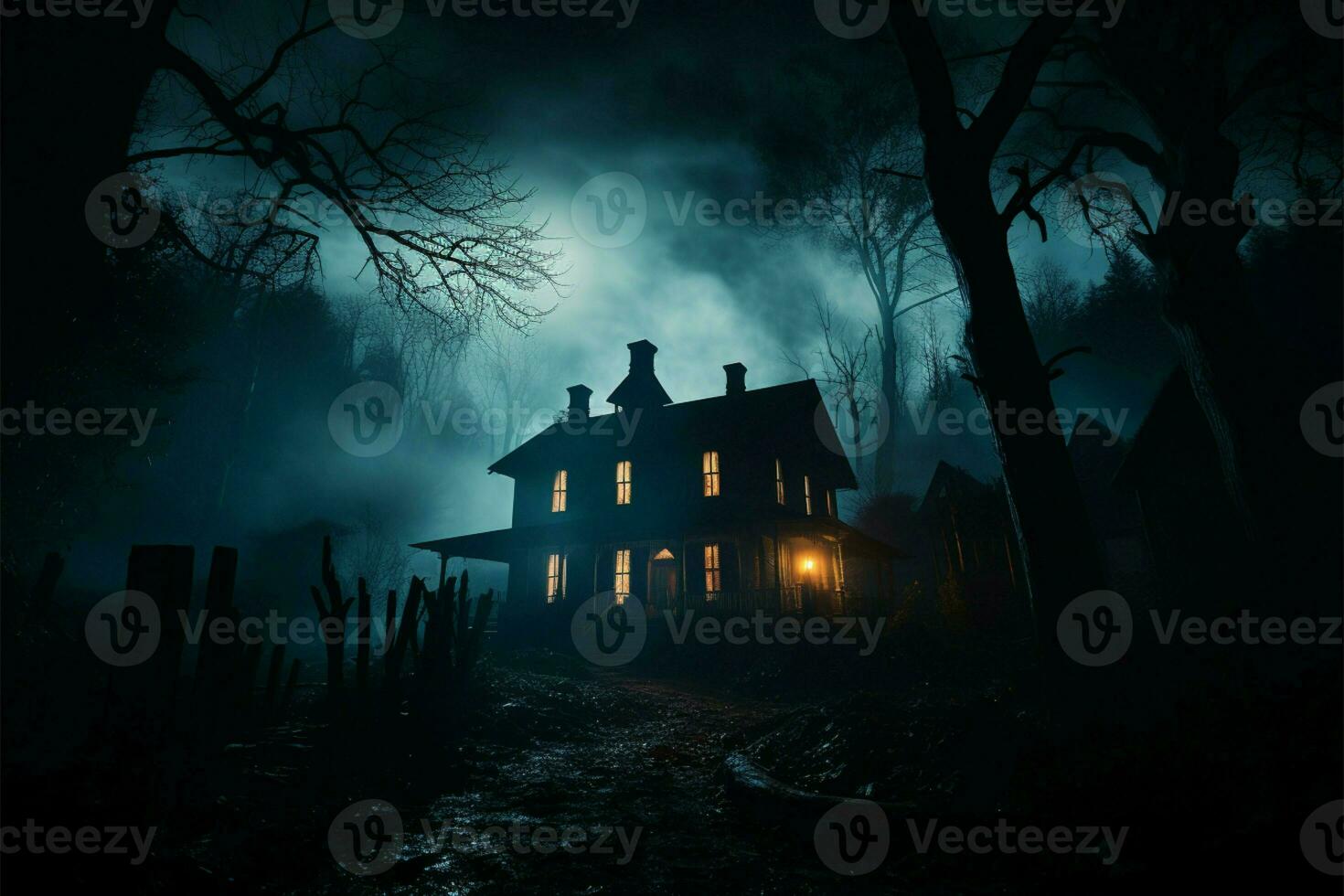 Spooky house, spectral presence, and glowing windows in shadowy silence AI Generated photo