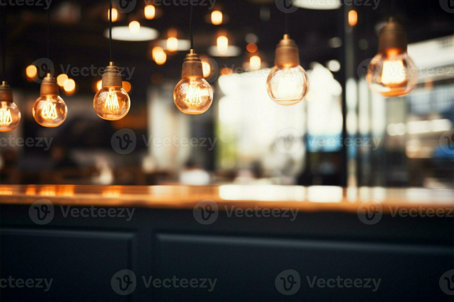 Background a cafe with a cozy blur and hanging light bulbs AI Generated photo