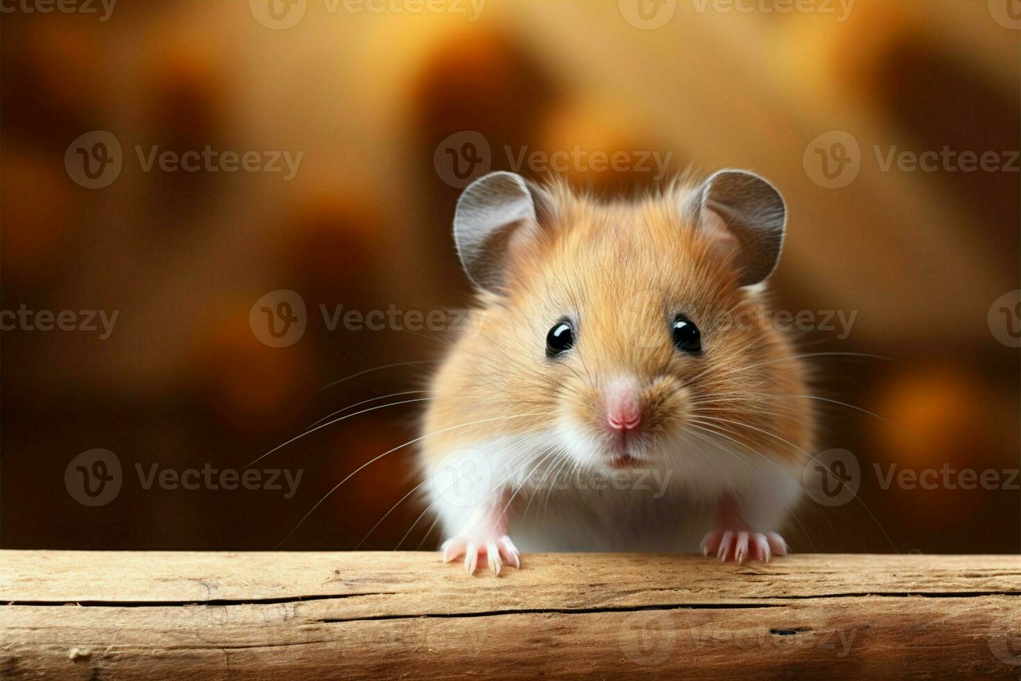 Adorable hamster close up, fluffy cheeks, whiskers, textured rustic wooden background AI Generated photo
