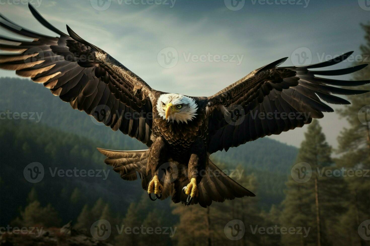 Majestic bald eagle soars, wings outstretched in a graceful flight AI Generated photo