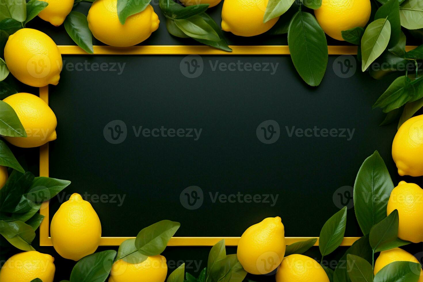 Minimalistic lemon photo frame with matte black backdrop and yellow sides AI Generated