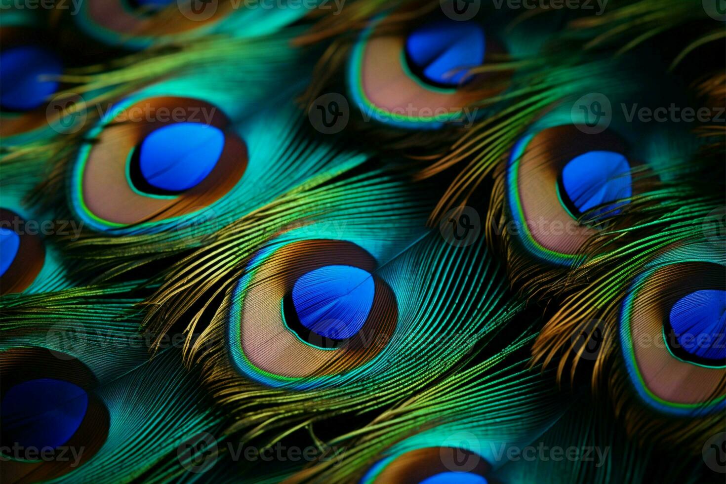 Macro shots capture vivid peacock feathers, offering text friendly backgrounds AI Generated photo