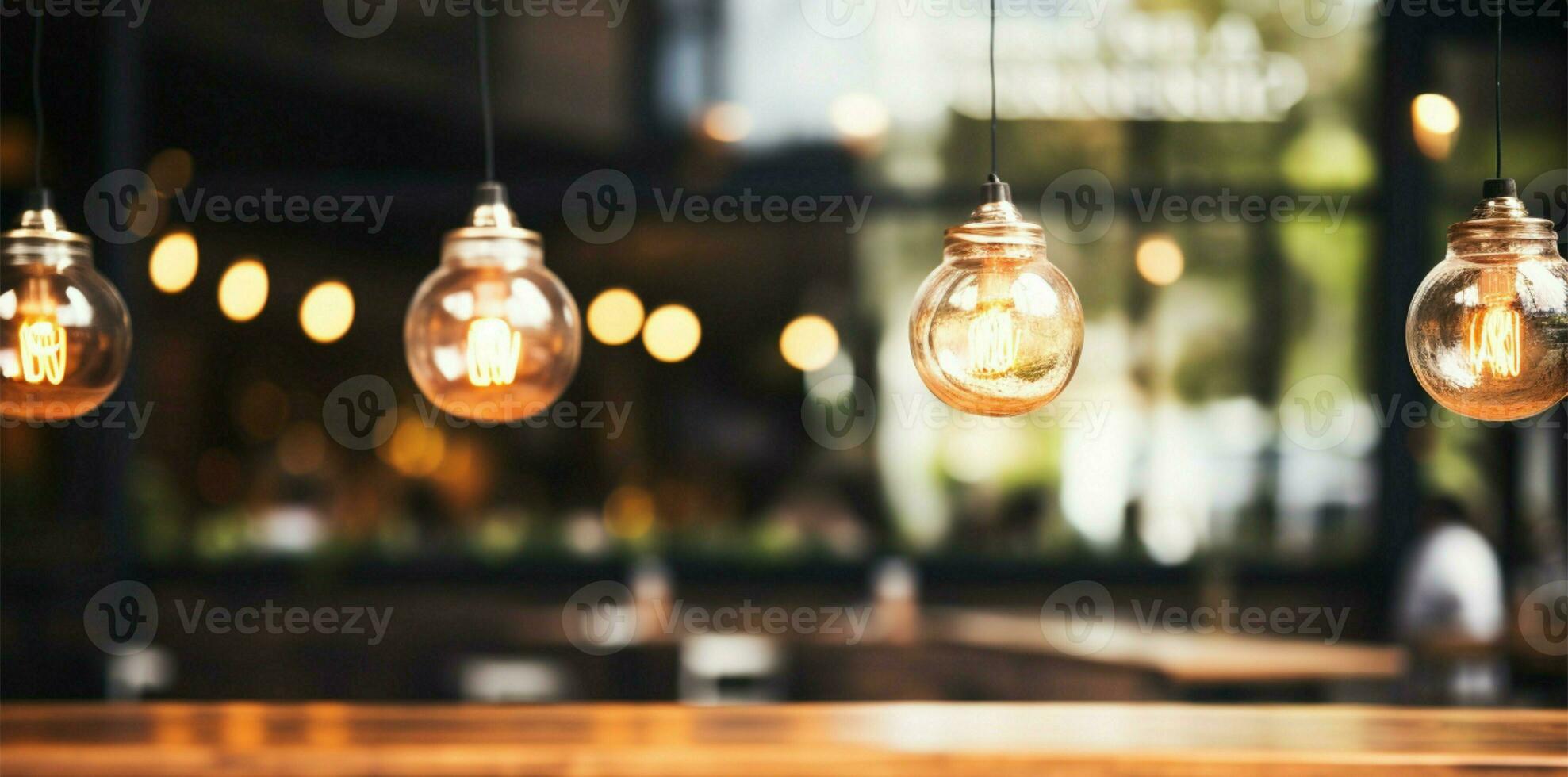 Cafes inviting ambiance and blurred background with hanging light bulbs AI Generated photo