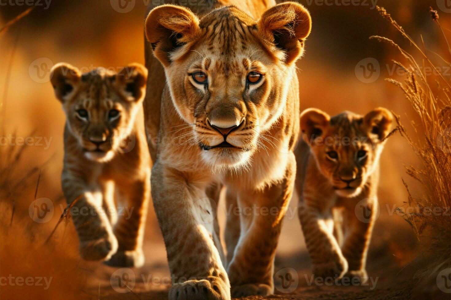 Lioness and lion cubs journey through the savannah, wild and free AI Generated photo