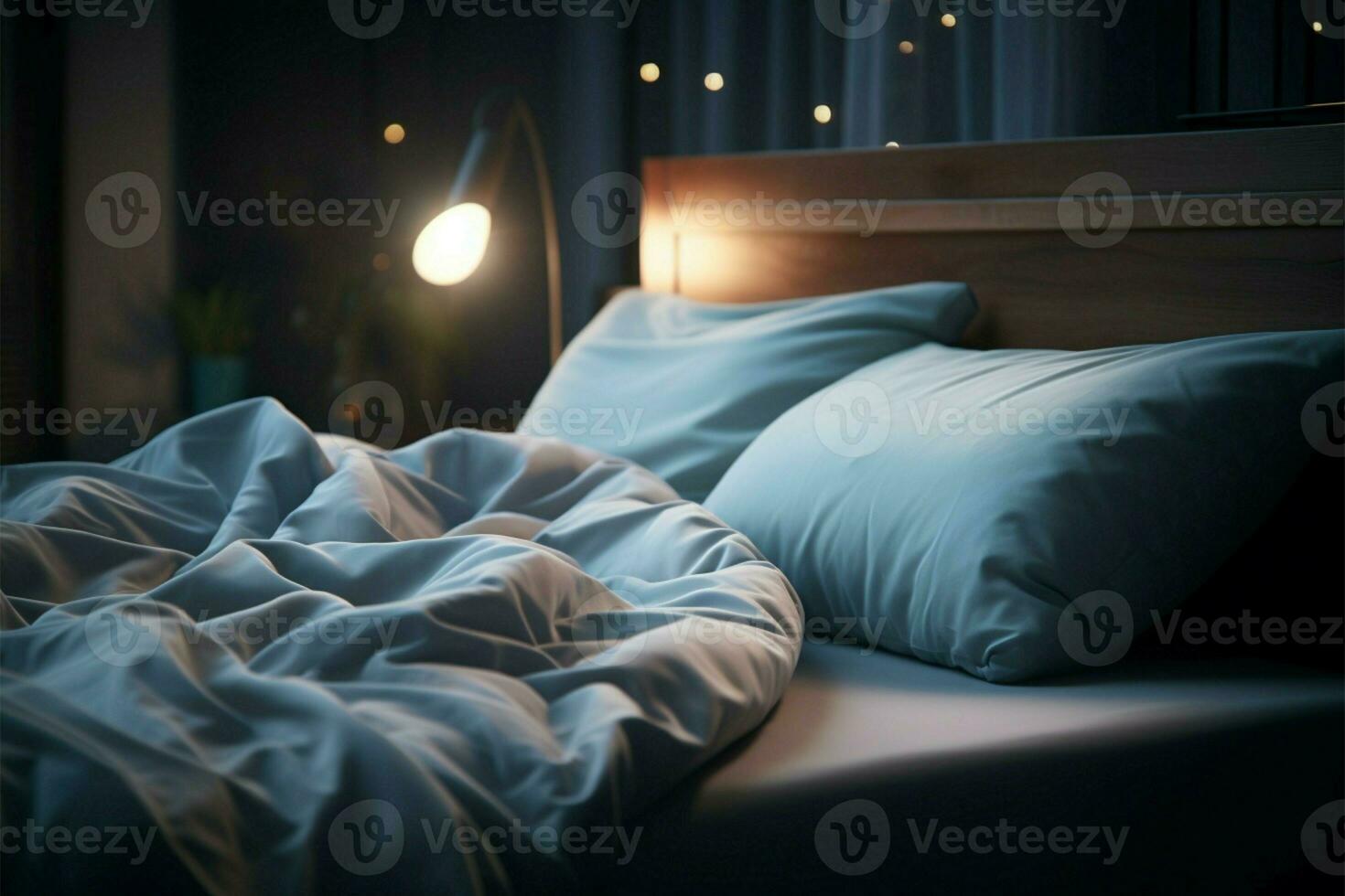 Gentle ambiance as an electric lamp illuminates soft blue bedding AI Generated photo