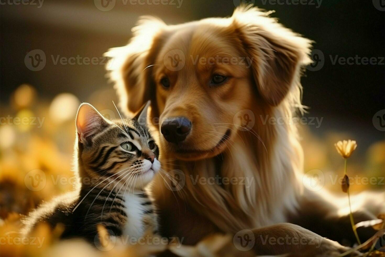 alegre Interacción Entre un sonriente de pura raza perro y un juguetón gatito ai generado foto