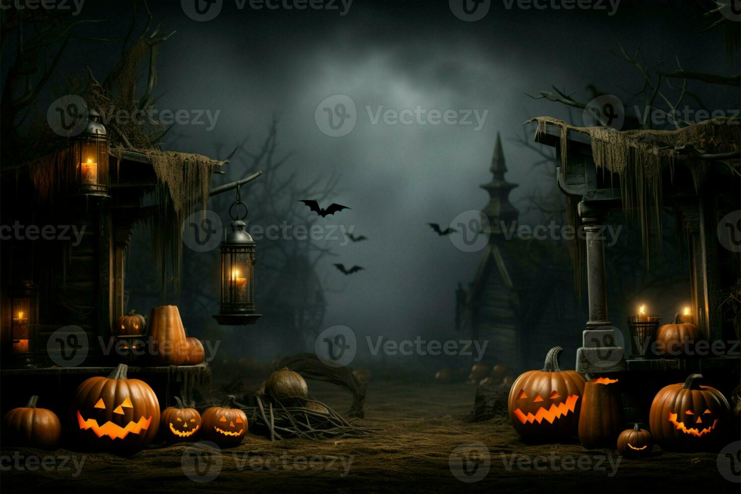 Eerie scene haunted house, cobwebs, pumpkins, and room for text AI Generated photo