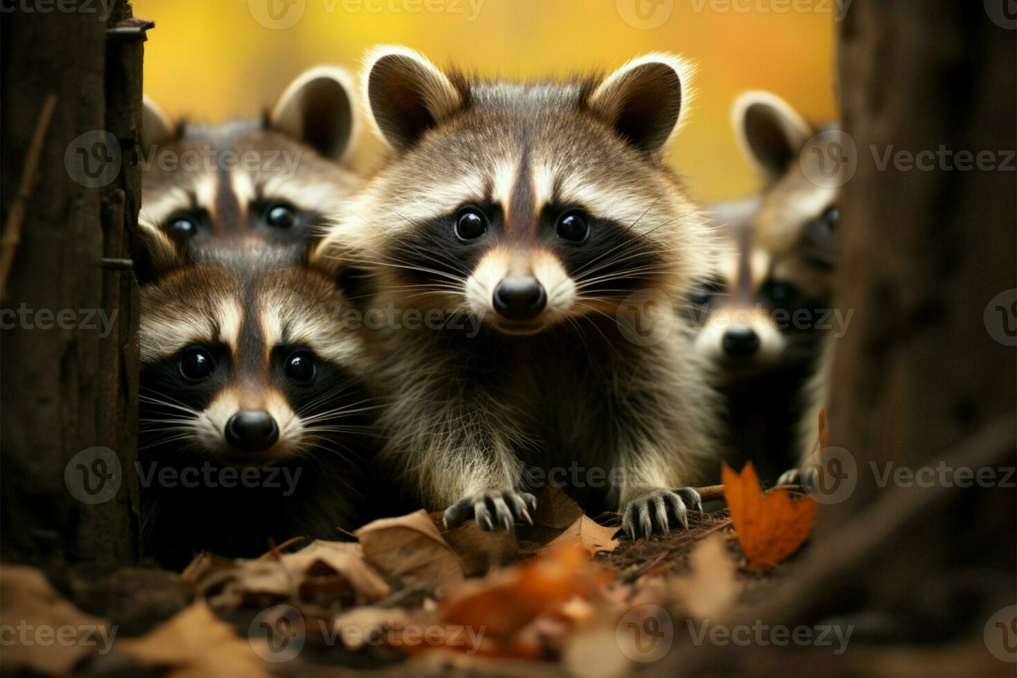 Autumn forest teems with funny raccoons, a bustling animal world AI Generated photo