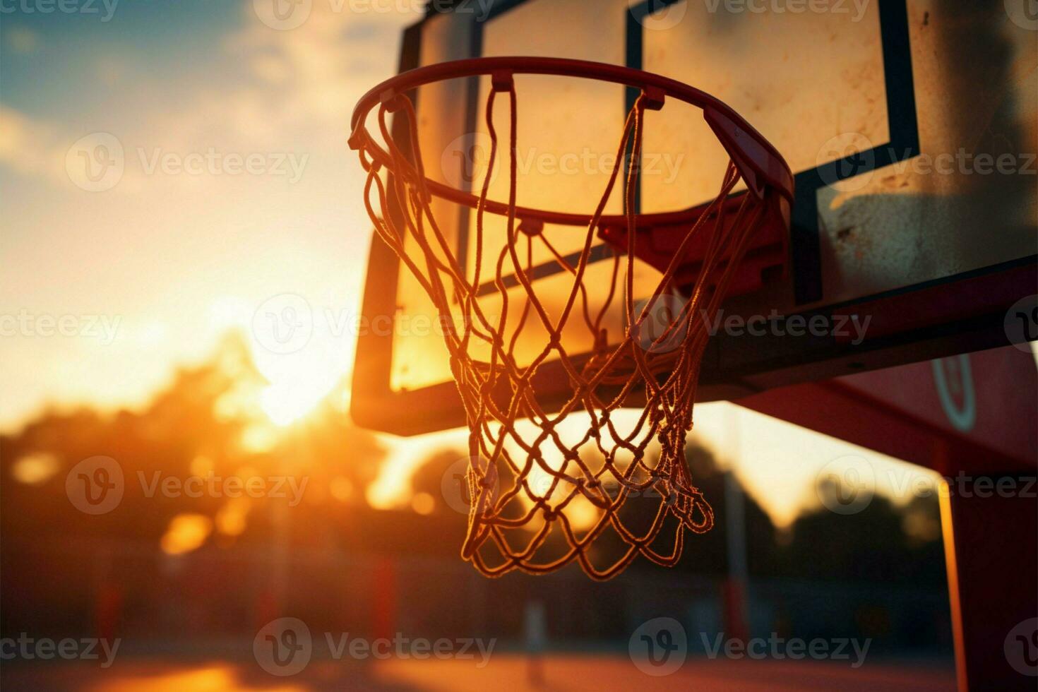 Basketball hoop shines in the sun, a focal point in sports AI Generated photo