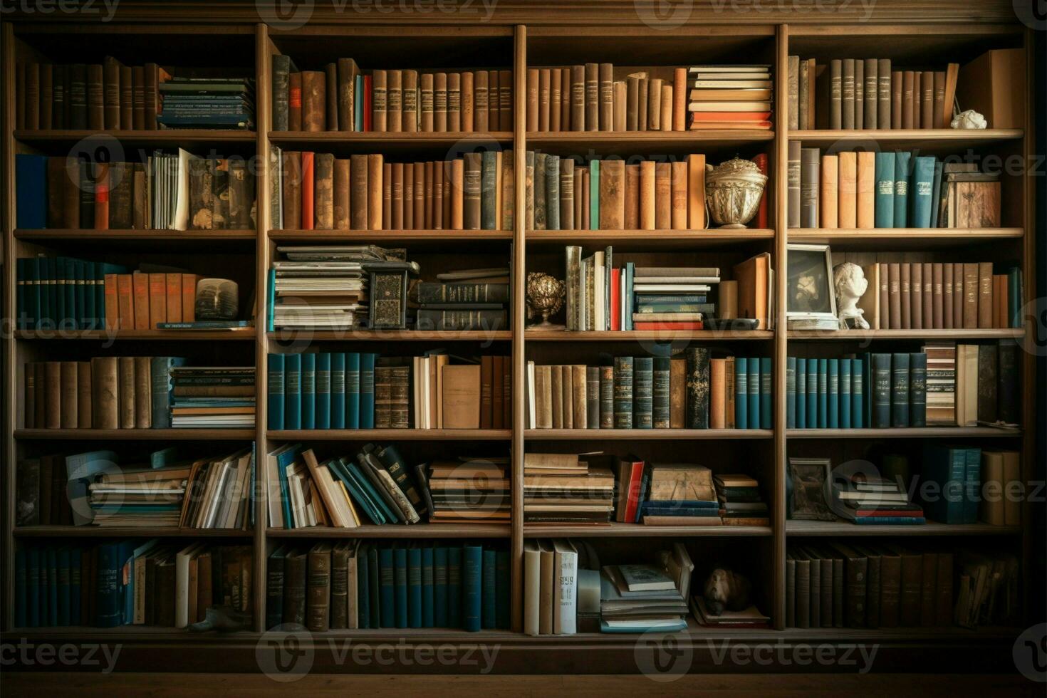 A bountiful collection of old fashioned books on a massive wooden bookshelf AI Generated photo