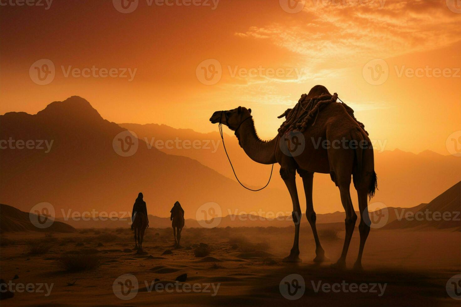 Deserts sandstorm at sundown witnessed by a steadfast camel AI Generated photo