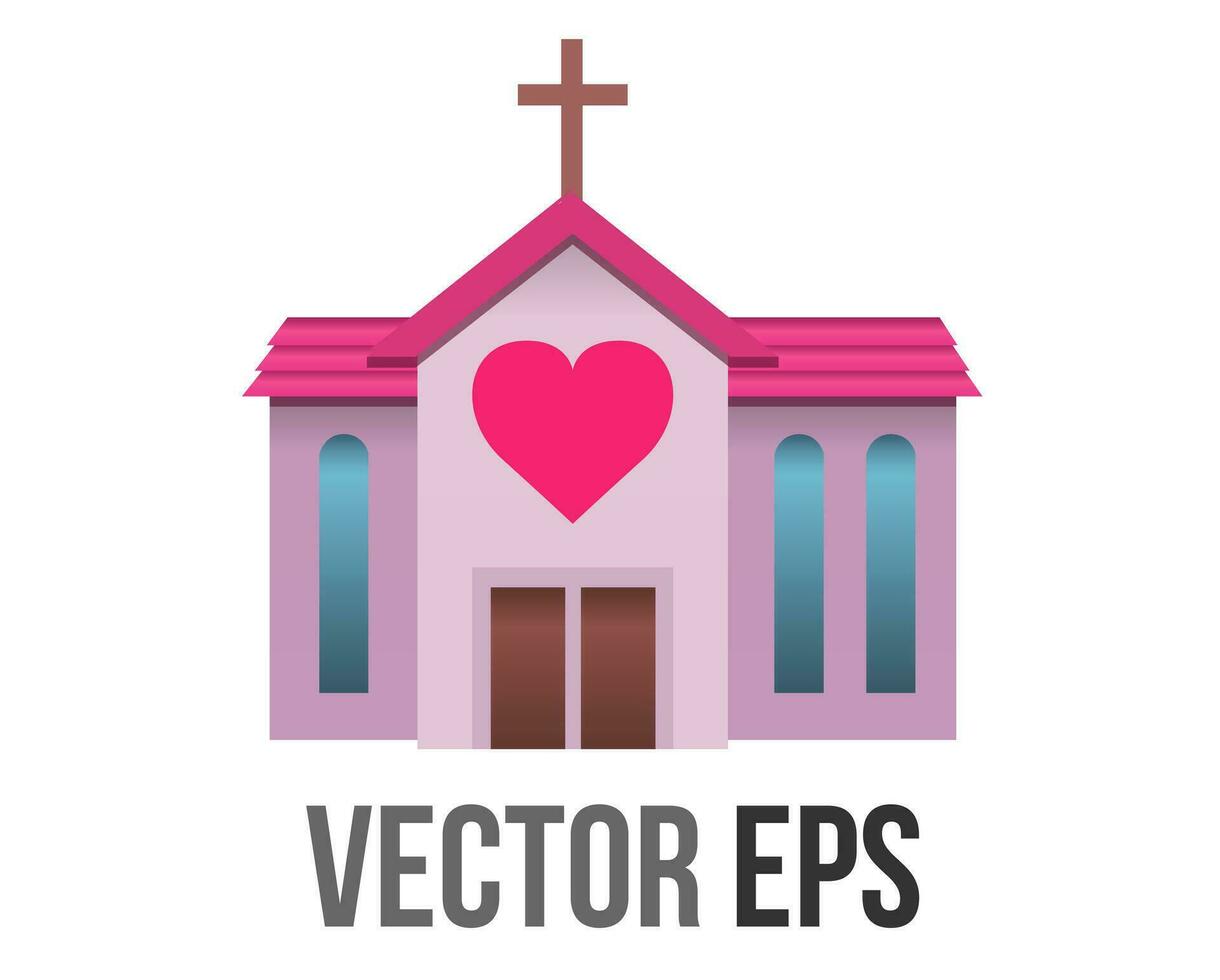 Vector Christian wedding pink church icon with cross and red heart on the building